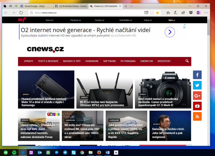 Edge je hezčí než dřív, připínání stránek k panelu ale zklamalo. Všimněte si tlačítka pro otevření Cnews, která je po otevření neaktivní