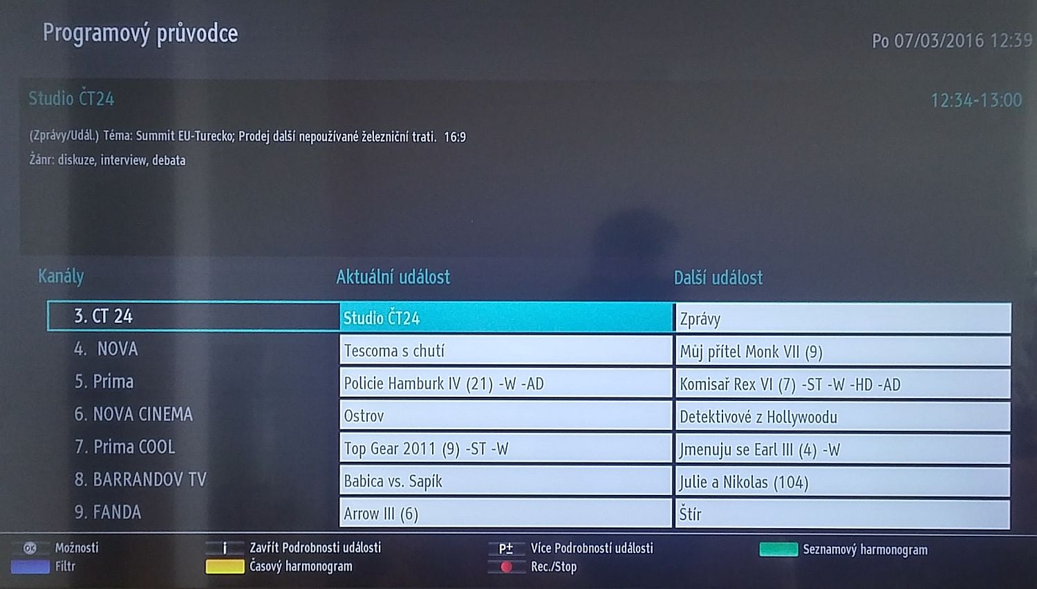 Druhý náhled na EPG ukazuje stávající a následující pořad. Na další oddlistovat nejde.