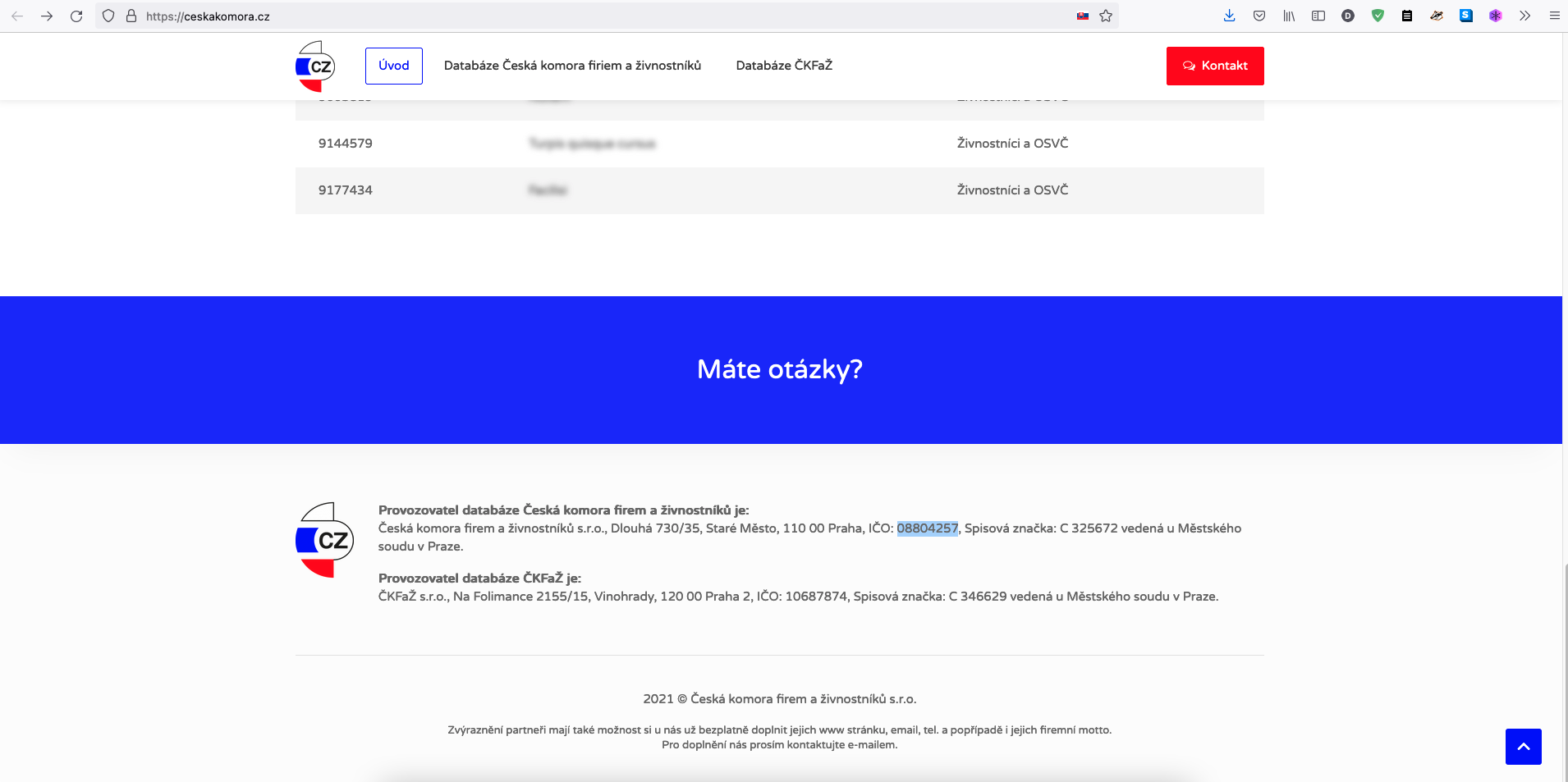 Web a "registr" firem ČKFaŽ s.r.o., IČO 10687874 a Česká komora firem a živnostníků s.r.o., IČO 08804257. (13. 9. 2021)