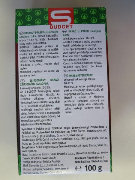 S BUDGET LOW-FAT COCOA POWDER KAKAOVÝ PRÁŠEK