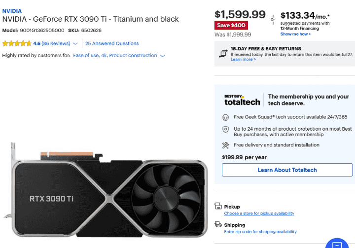 Zlevněná Nvidia GeForce RTX 3090 Ti v Best Buy