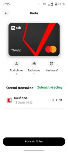 Digitální debetní karta investiční platformy XTB, kterou pro ni vydává litevská společnost DiPocket. (02/2025)