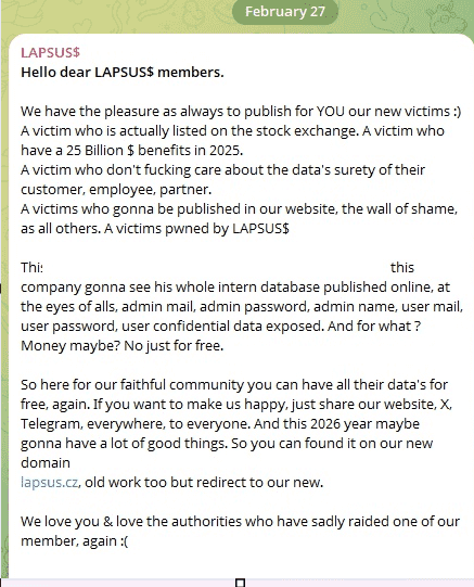 Zpráva skupiny Lapsus$ na Telegramu informující o české doméně