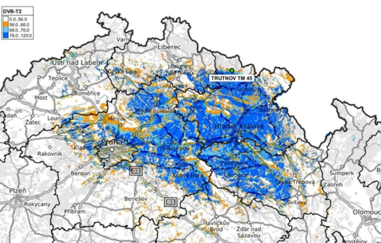 Orientační mapa pokrytí signálem DVB-T2 multiplexu 24 z nové lokality Trutnov TM