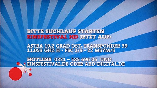 Statická obrazovka, která nahradila vysílání kanálu Einsfestival HD na původní frekvenci ze satelitu Astra