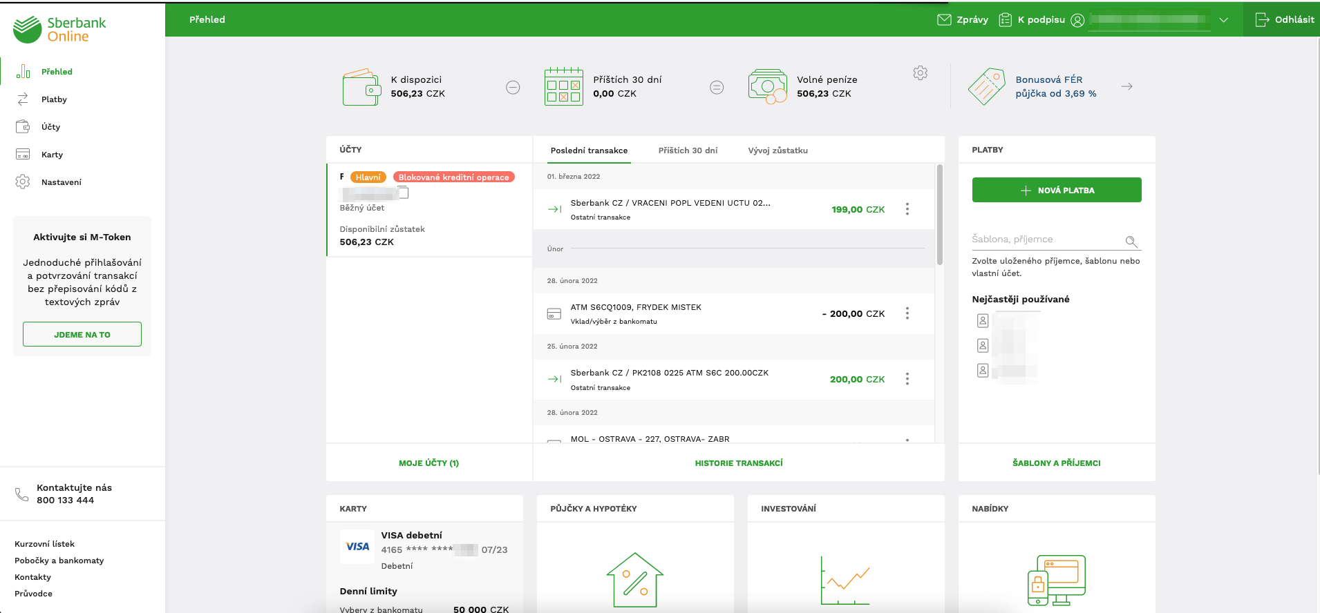 Internetové bankovnictví Sberbank pro pasivní operace. (24. 3. 2022)