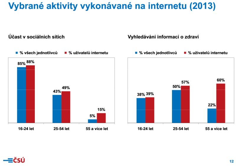 Vybrané aktivity českých uživatelů na Internetu.