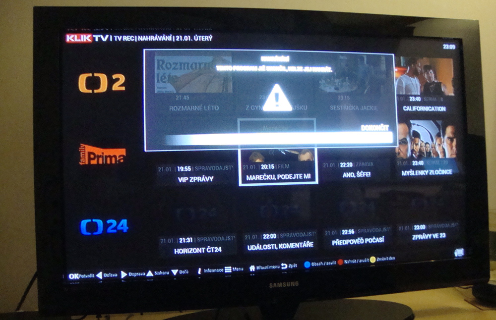 KlikTV - menu a ovládání videoslužby