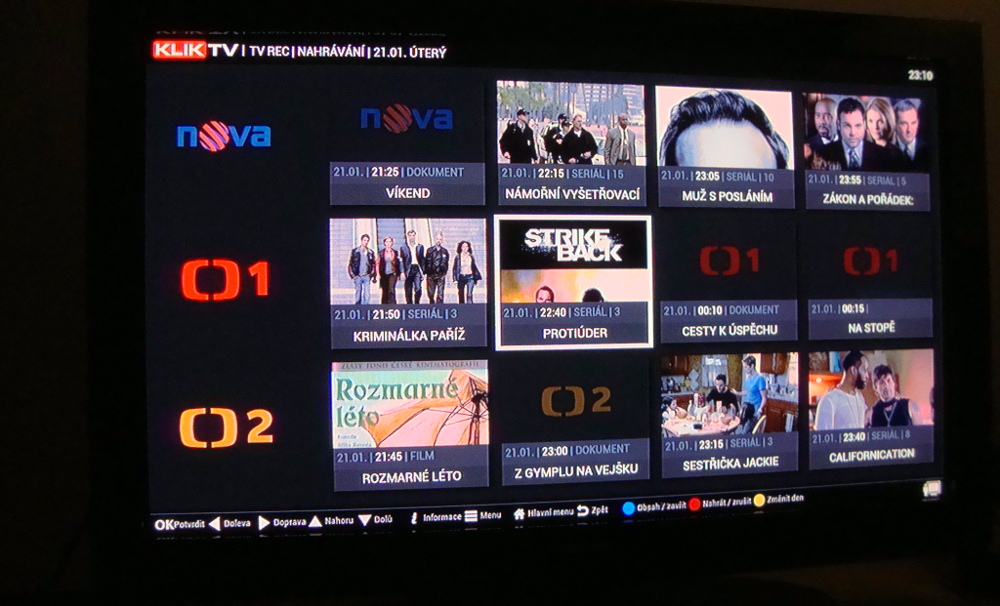 KlikTV - menu a ovládání videoslužby