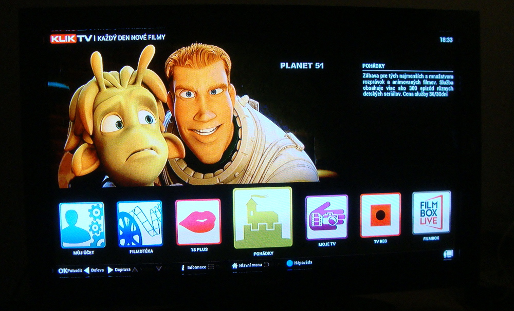 KlikTV - menu a ovládání videoslužby