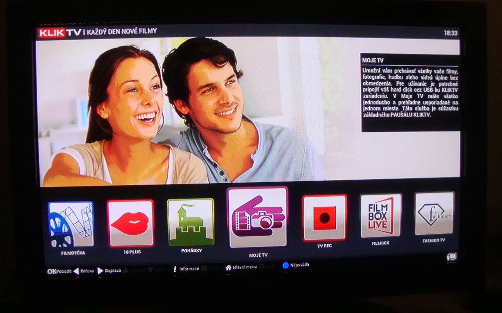 KlikTV - menu a ovládání videoslužby