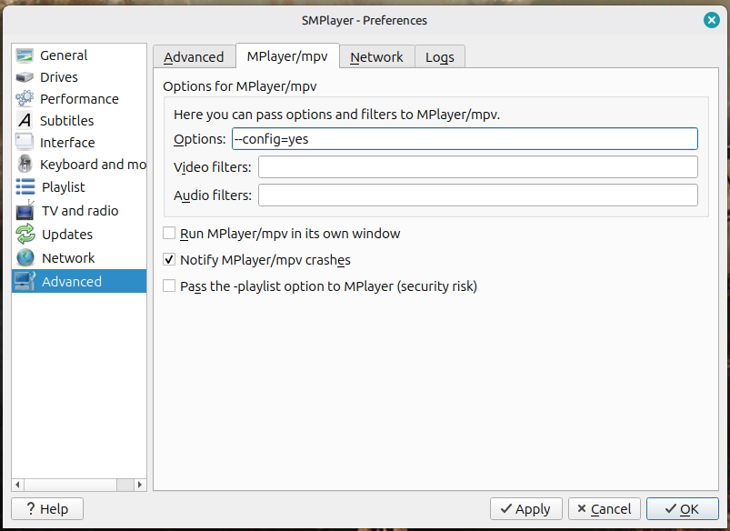 Nastavení parametrů mpv v SMPlayeru