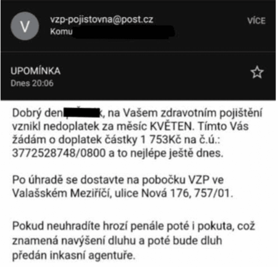 Podvodný e-mail vydávající se za zprávu z VZP, 7. 11. 2022