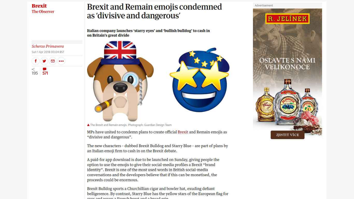 The Guardian píše o tom, jak italská společnost vydělává na nebezpečných a kontroverzních emoji souvisejících s Brexitem.