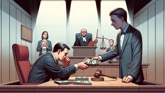 Smutný muž platí u soudu peníze jinému muži.