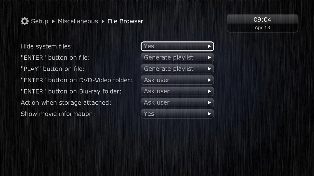 Uživatelské rozhraní Dune HD – menu Nastavení