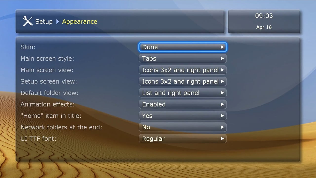 Uživatelské rozhraní Dune HD – menu Nastavení