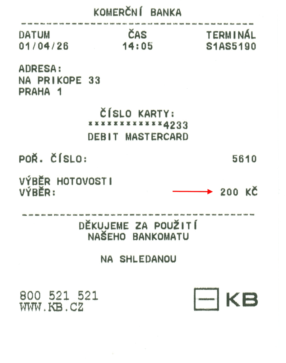 ATM Komerční banky. Komerční banka si neúčtuje žádný poplatek za použití ATM. (01. 04. 2026)