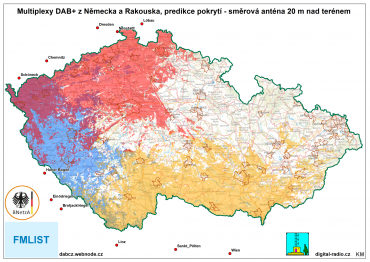 Multiplexy DAB+ z Německa a Rakouska, predikce pokrytí