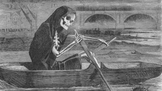 Obrázek „The Silent Highwayman" z časopisu Punch Magazine zobrazující smrt plovoucí na řece Temži