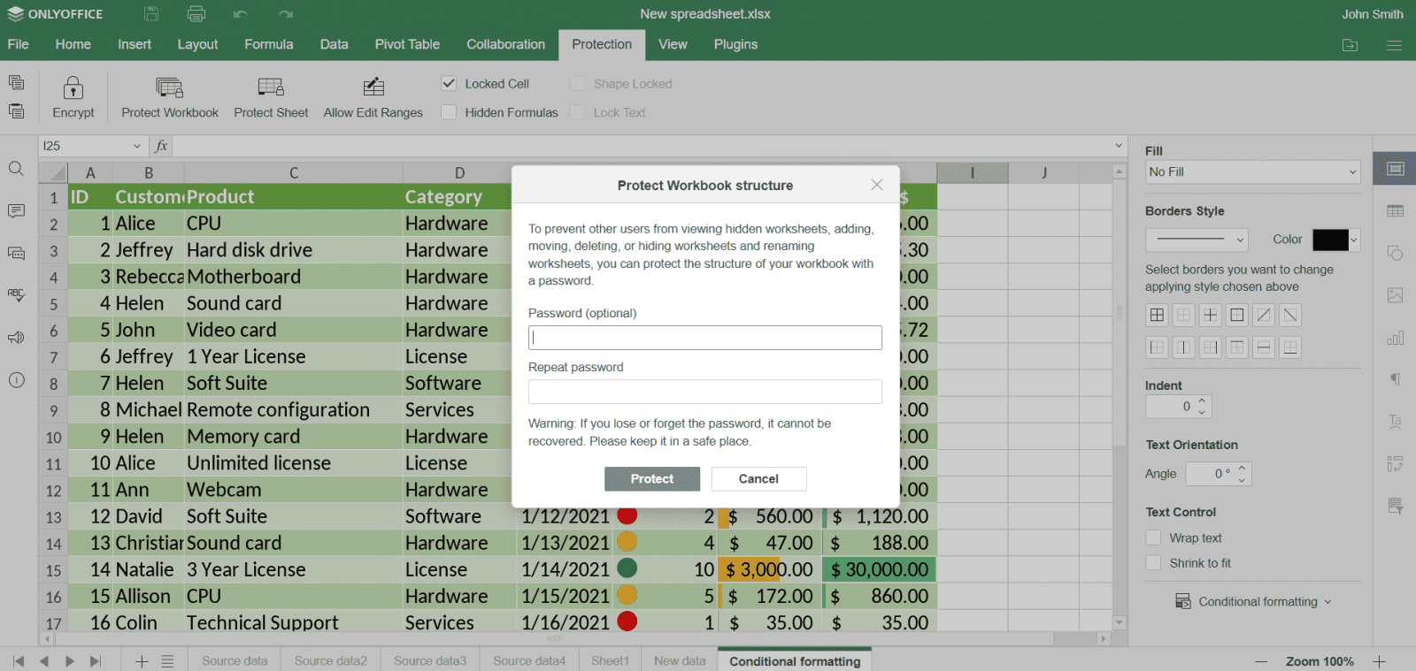 Ochrana tabulkových sešitů pomocí hesla.