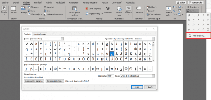 Obrácený otazník v symbolech ve Wordu