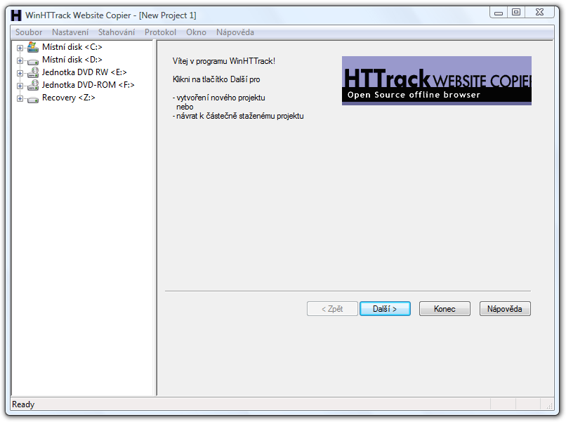 <p>HTTrack Website Copier - úvodní obrazovka</p>