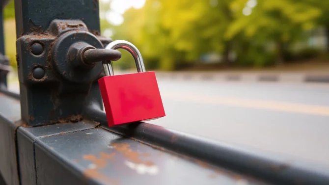 Červený visací zámek leží na podlaze