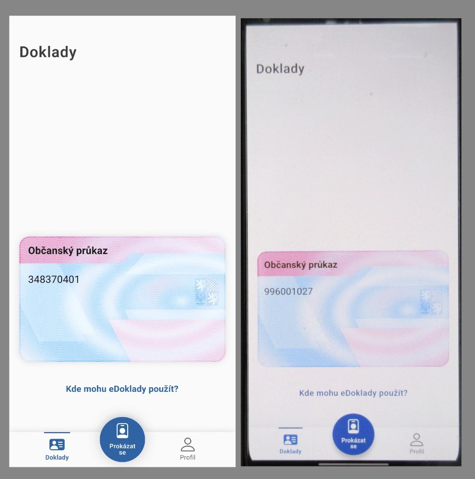 Srovnání screenshotu z aplikace eDoklady na webu edoklady.gov.cz a fotky displeje telefonu s nainstalovanou aplikací