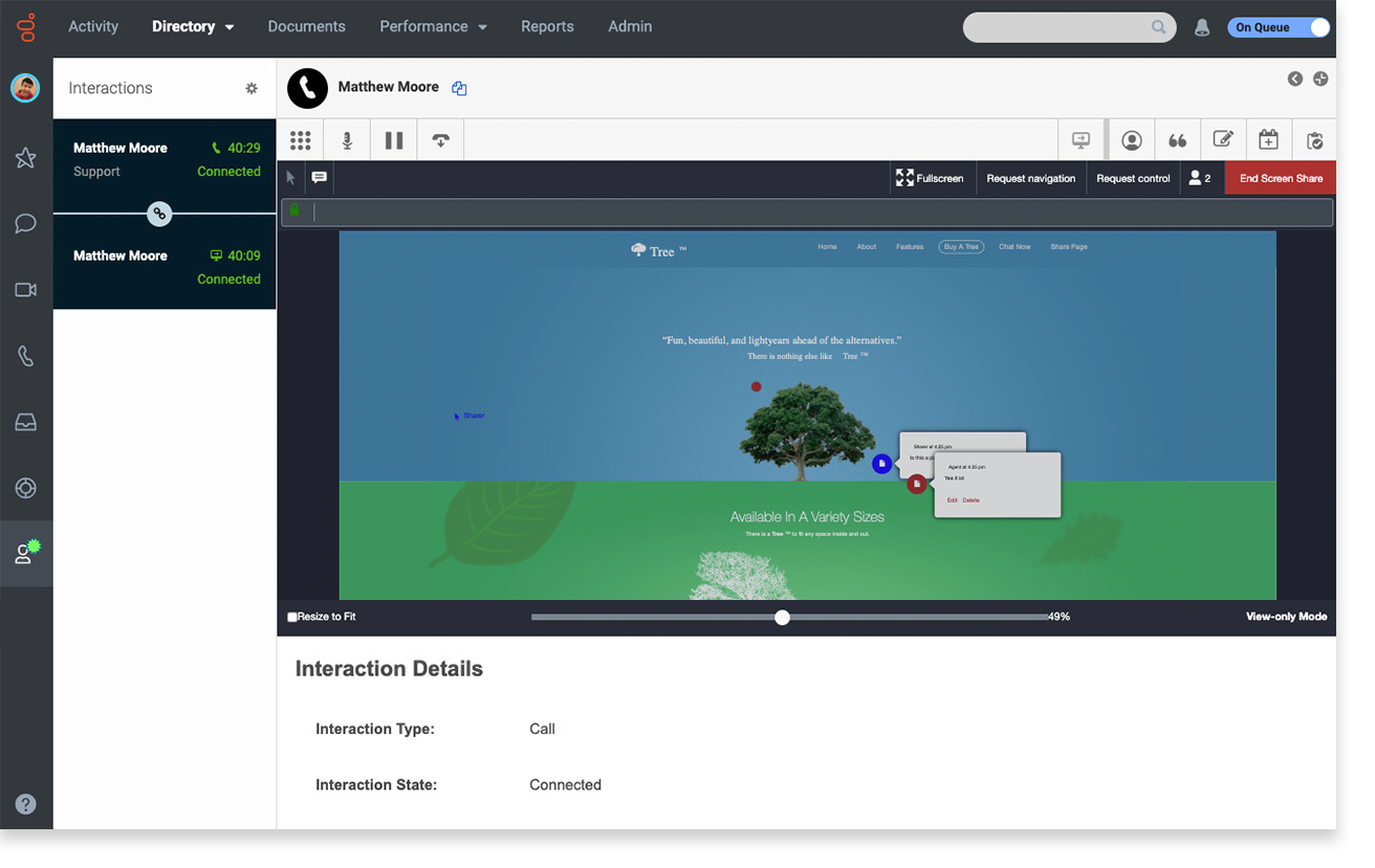 Sdílení obrazovky v pracovníka call centra se zákazníkem: řešení lze zákazníkovi ukázat prostřednictvím web prohlížeče (Genesys Cloud).