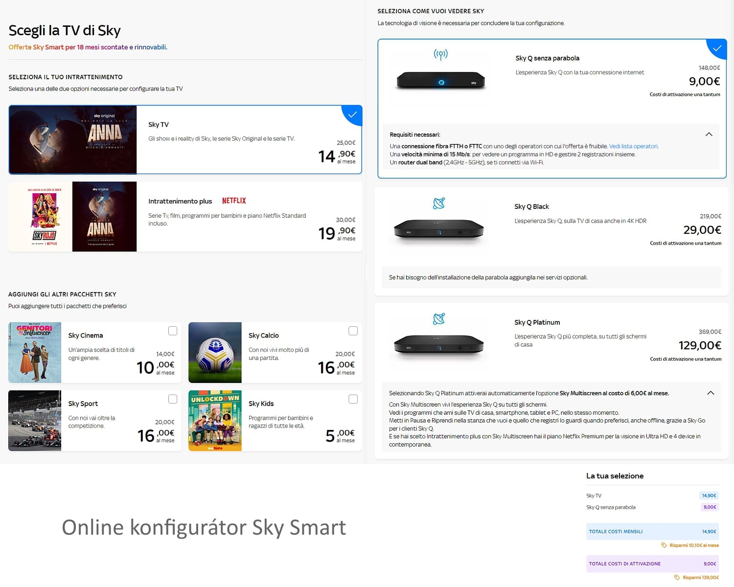 Italská tarifní a programová nabídka Sky Q