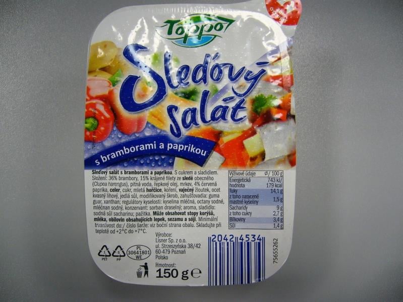 Velkoobchod Lidl, Cerhovice: Sleďový salát s bramborami a paprikou - u všech pěti kontrolovaných balení tohoto výrobku z Polska byla zjištěna nižší hmotnost rybího masa (v rozmezí od 19 až 59 % méně), než výrobce deklaroval na obale výrobku.