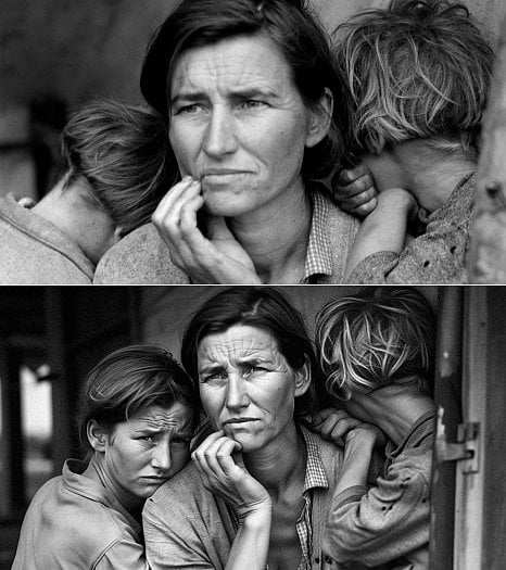 Autor: Dorothea Lange / Library of Congress, Lupa s vyuzitim aplikace Midjourney Srovnání výřezu z historického snímku od Dorothey Langeové s obrazem vytvořeným aplikací Midjourney.
