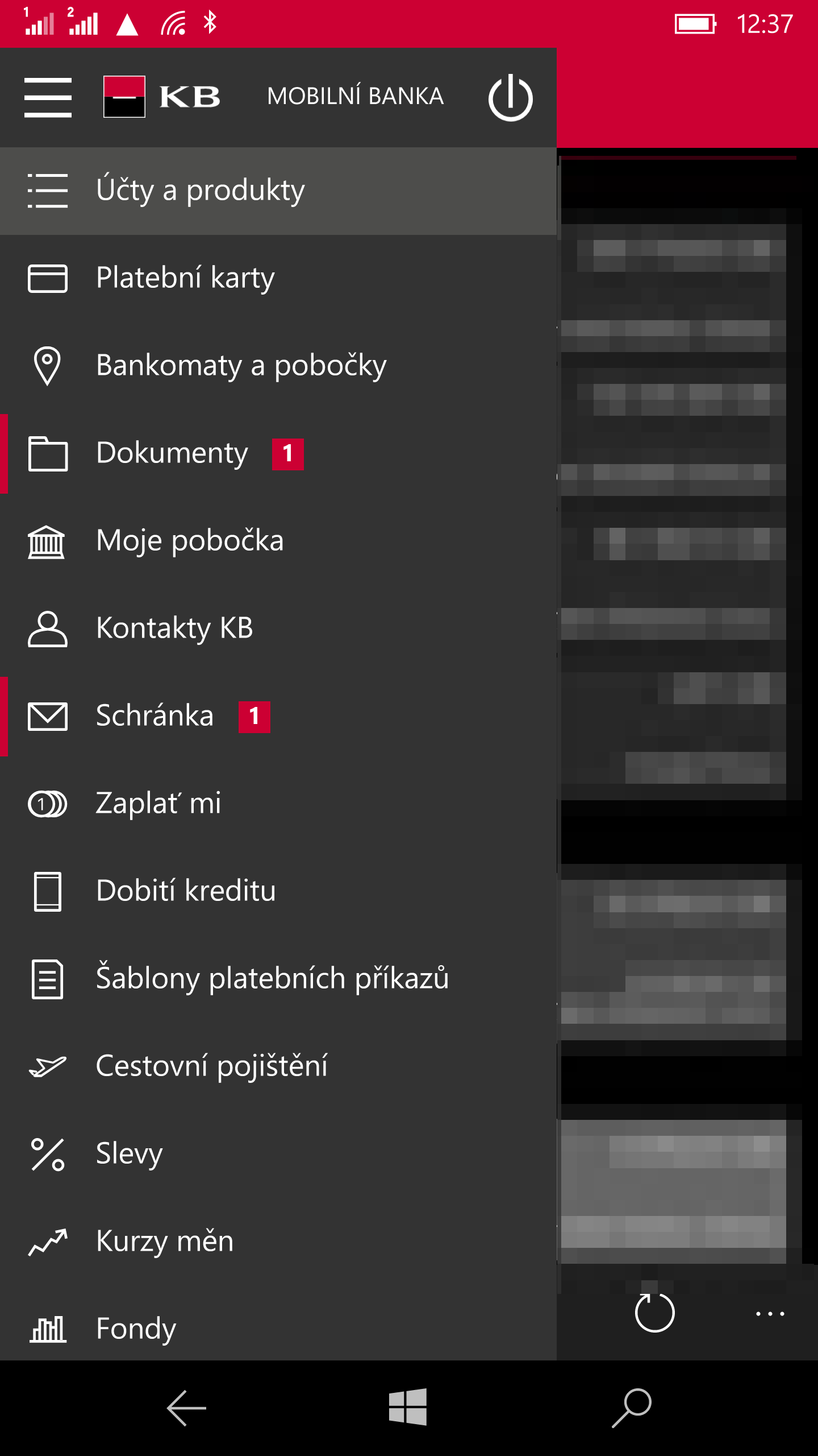 Mobilní aplikace "Mobilní banka" pro Windows 10 Mobile od Komerční banky. Její podpora skončila 10. 8. 2019