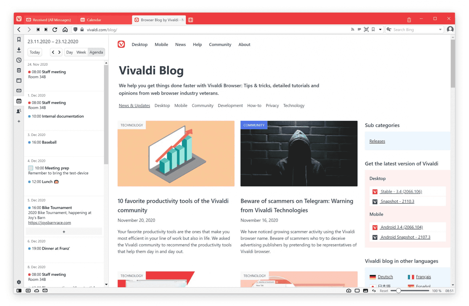 Vivaldi Mail, RSS, Calendar