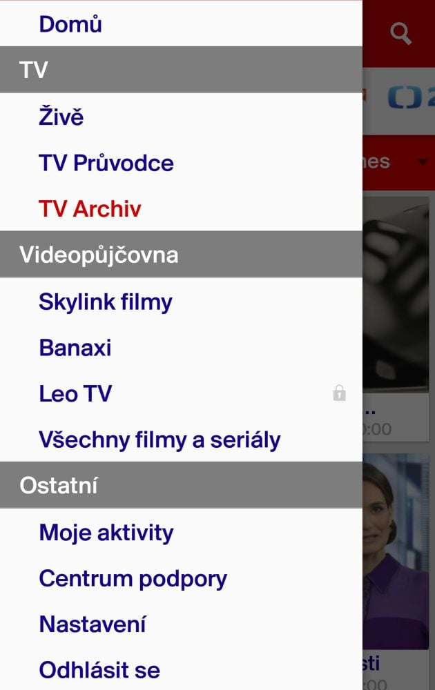 Skylink Live TV 4.1 - menu