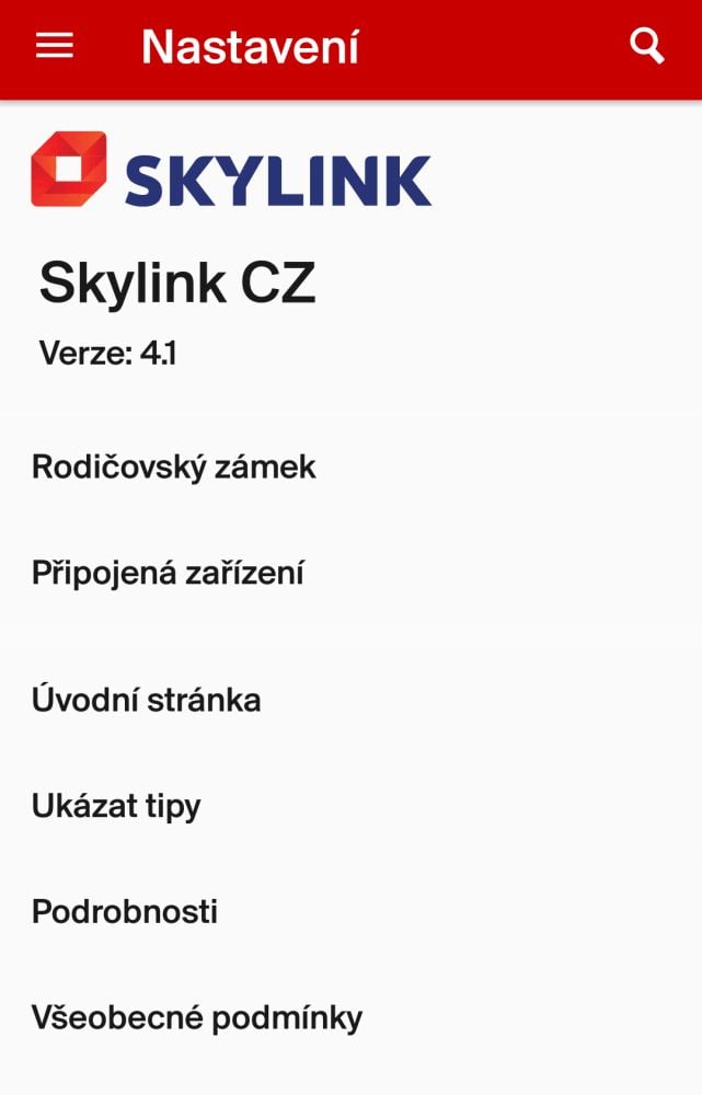 Skylink Live TV 4.1 - menu