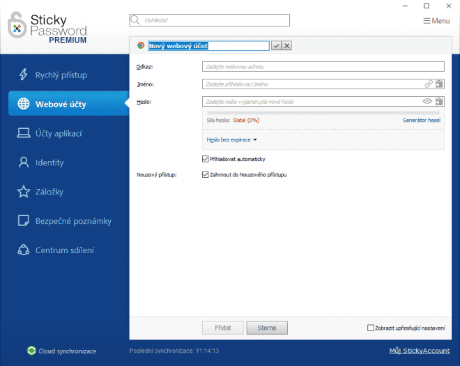 Manuální přidání nového webového účtu (zdroj: Cnews)