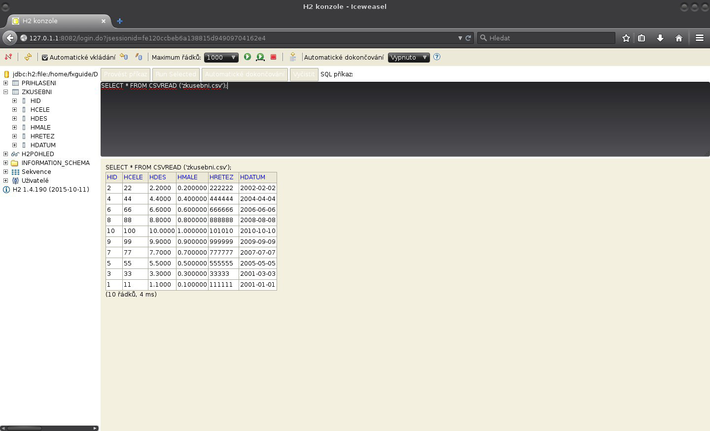JavaFX: manipulace s CSV soubory v H2 konzole