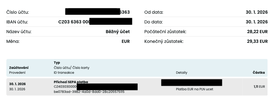 SEPA platba odeslaná z Air Bank do Partners Banky, ale na účet s britským IBANem. Dorazila na EUR měnovou složku. (30. 01. 2026)