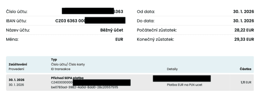 SEPA platba odeslaná z Air Bank do Partners Banky, ale na účet s britským IBANem. Dorazila na EUR měnovou složku. (30. 01. 2026)