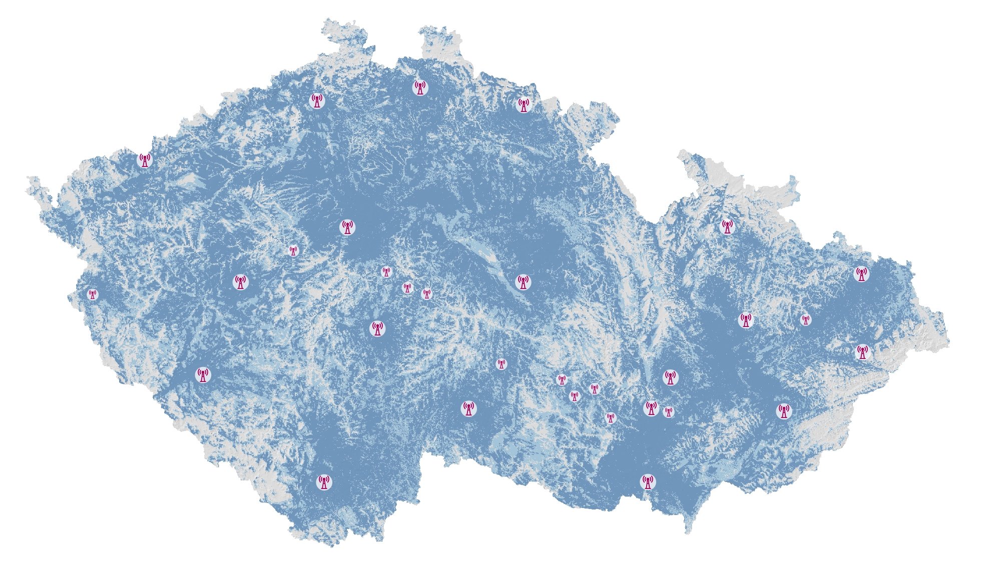 Orientační pokrytí ČRA DAB+ k 31. březnu 2025