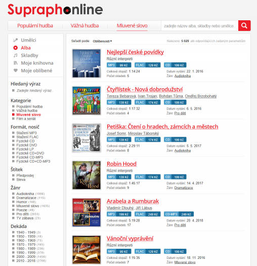 Katalog Supraphonline s mluveným slovem čítá přes 5000 alb