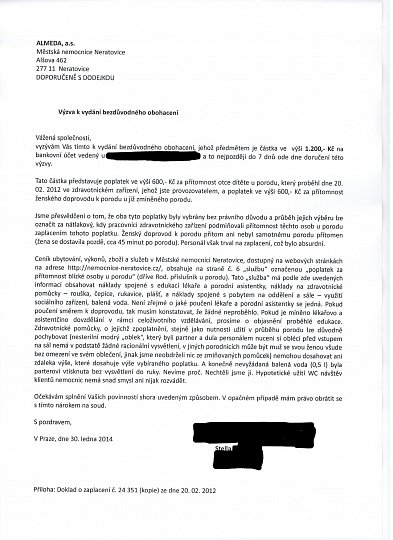 Stella nejdříve nemocnici vyzvala k vydání poplatků