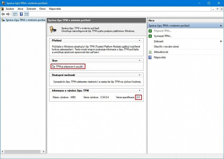 Okno správy modulu TPM vyvolaná příkazen tpm msc