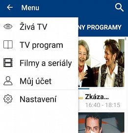 Základní menu aplikace Skylink Live TV CZ.