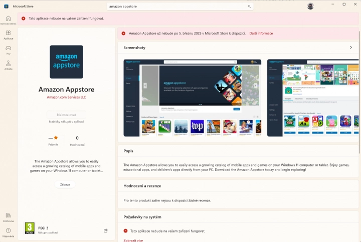 Od 6. března 2024 už není možné Amazon Appstore skrze Microsoft Store ani stáhnout