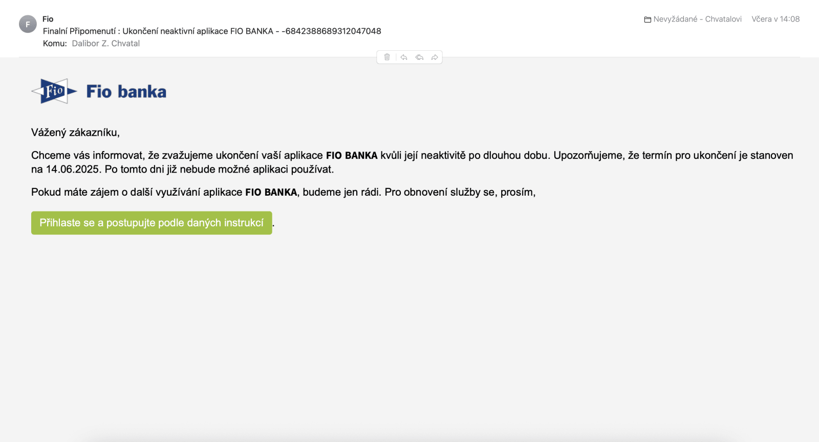 Podvodný e-mail cílící na klienty Fio banky. (14. 06. 2025)
