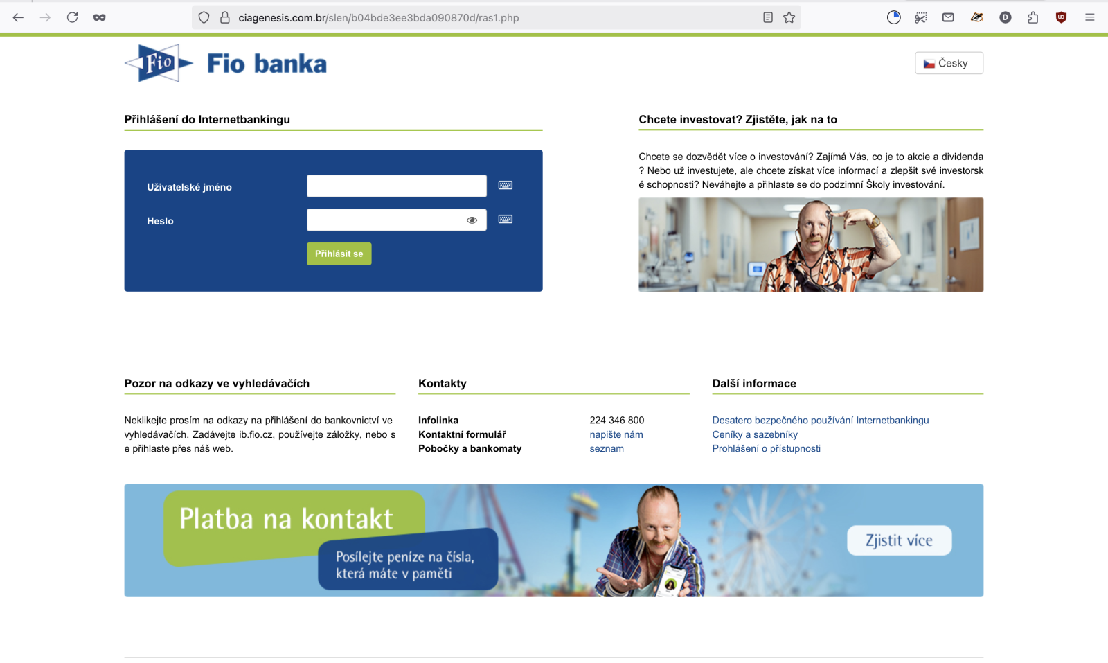 Podvodný web ciagenesis.com.br v barvách Fio banky. (14. 06. 2025)
