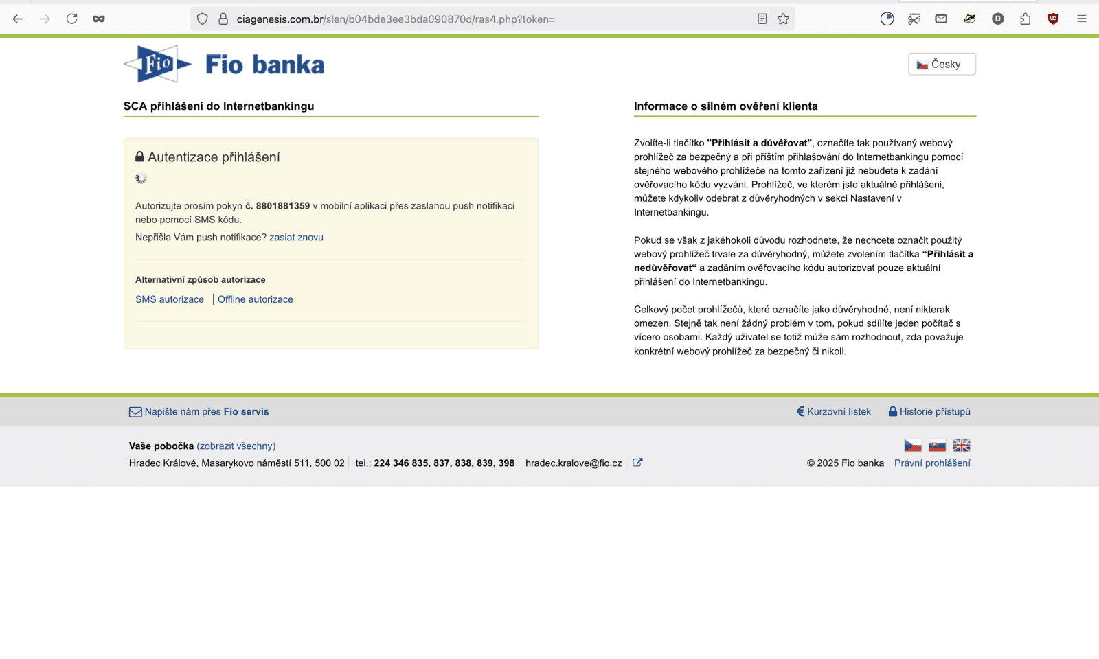 Podvodný web ciagenesis.com.br v barvách Fio banky. (14. 06. 2025)